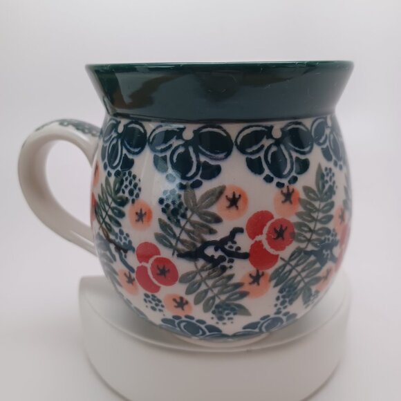Polish Pottery Floral Coffee Tea Cup Hand Made Poland Green Orange Bubble Mug - Picture 10 of 10